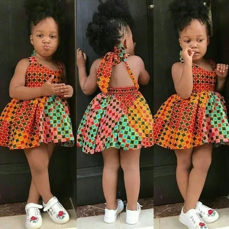 

F11076A Kids African Bohemian sleeveless strapless backless dress, As picture