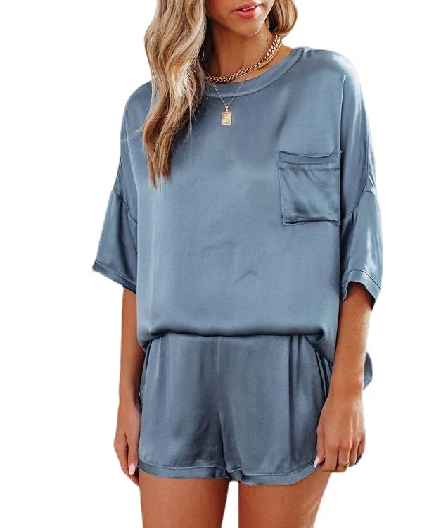 

Spring and summer pure color short sleeve shorts pajamas casual home wear two suits