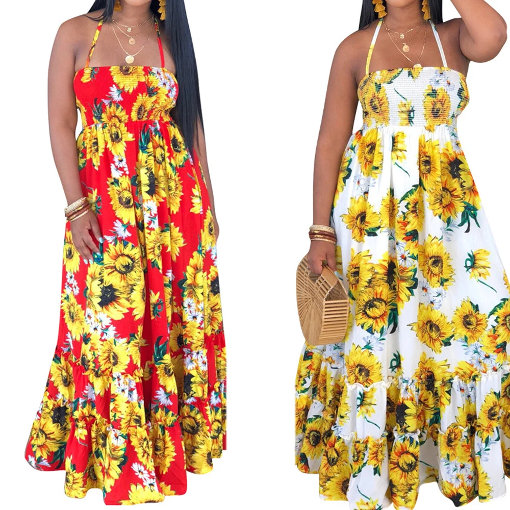 

Women summer Sexy Halter Sleeveless long maxi dress, White, red