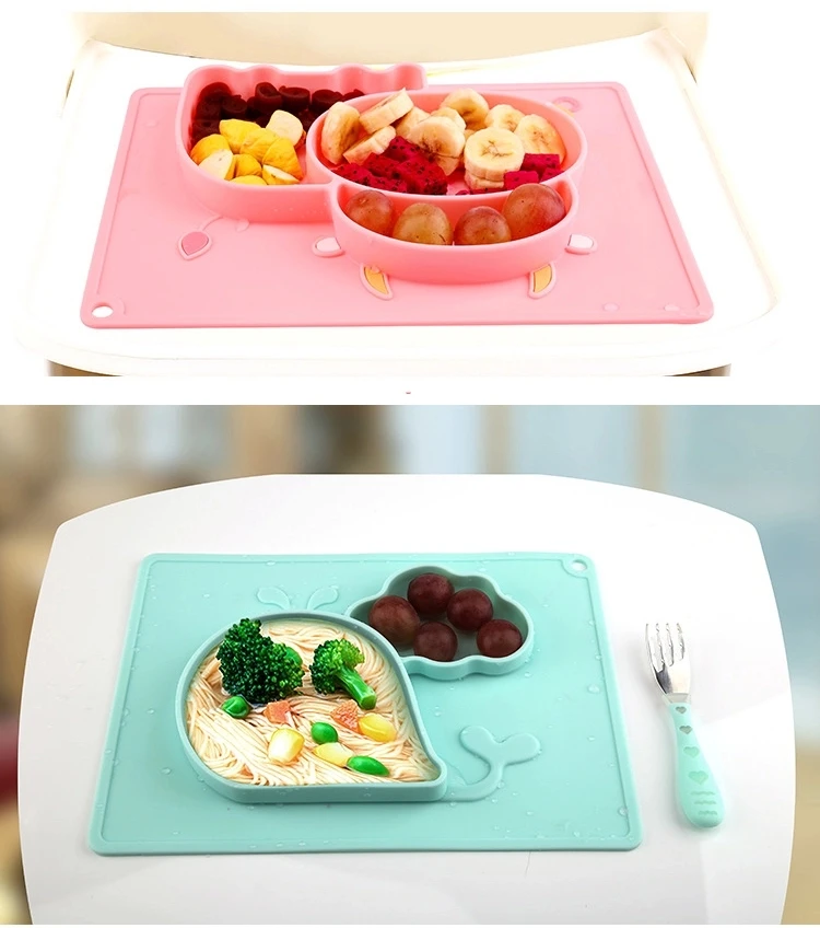 

Dinner Food Placemat Toddler Kids Baby Dishes Silicone Divided Plate silicone baby plate with suction, Pink, green