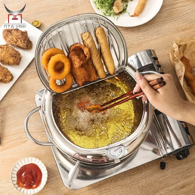 

Tempura Fryer Pan Uncoated Fryer with Temperature Control & Lid and Oil Drip Drainer Rack 304 Stainless Steel Deep Frying Pot