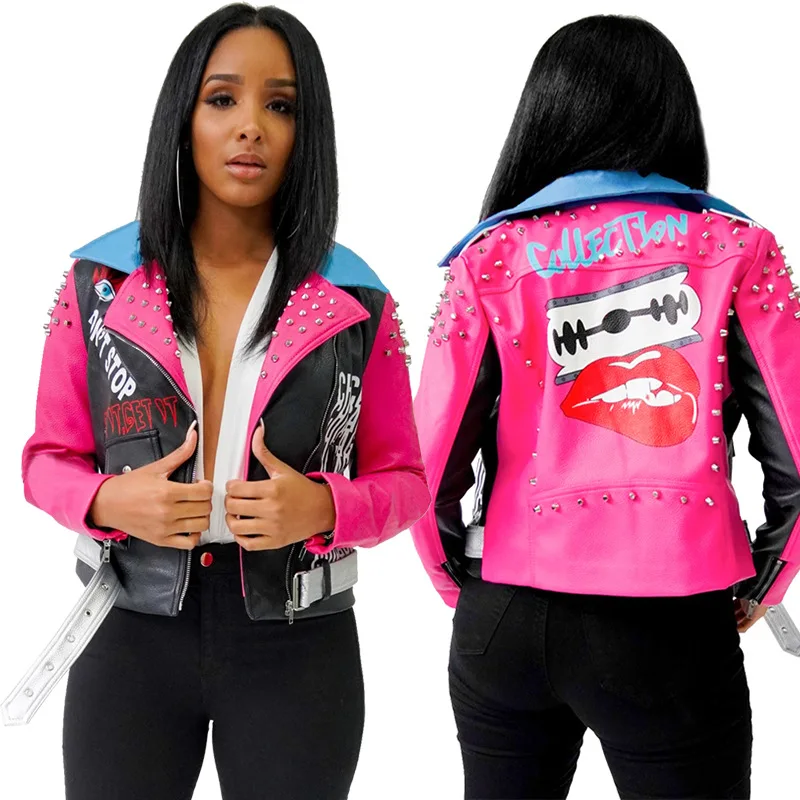 

Stitching Color Printing Rivets Pu Leather Punk Jacket For Women Coats Trendy Fashions, Customized color