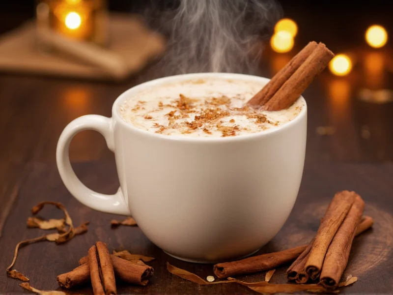 Steaming mug of homemade egg nog with cinnamon stick