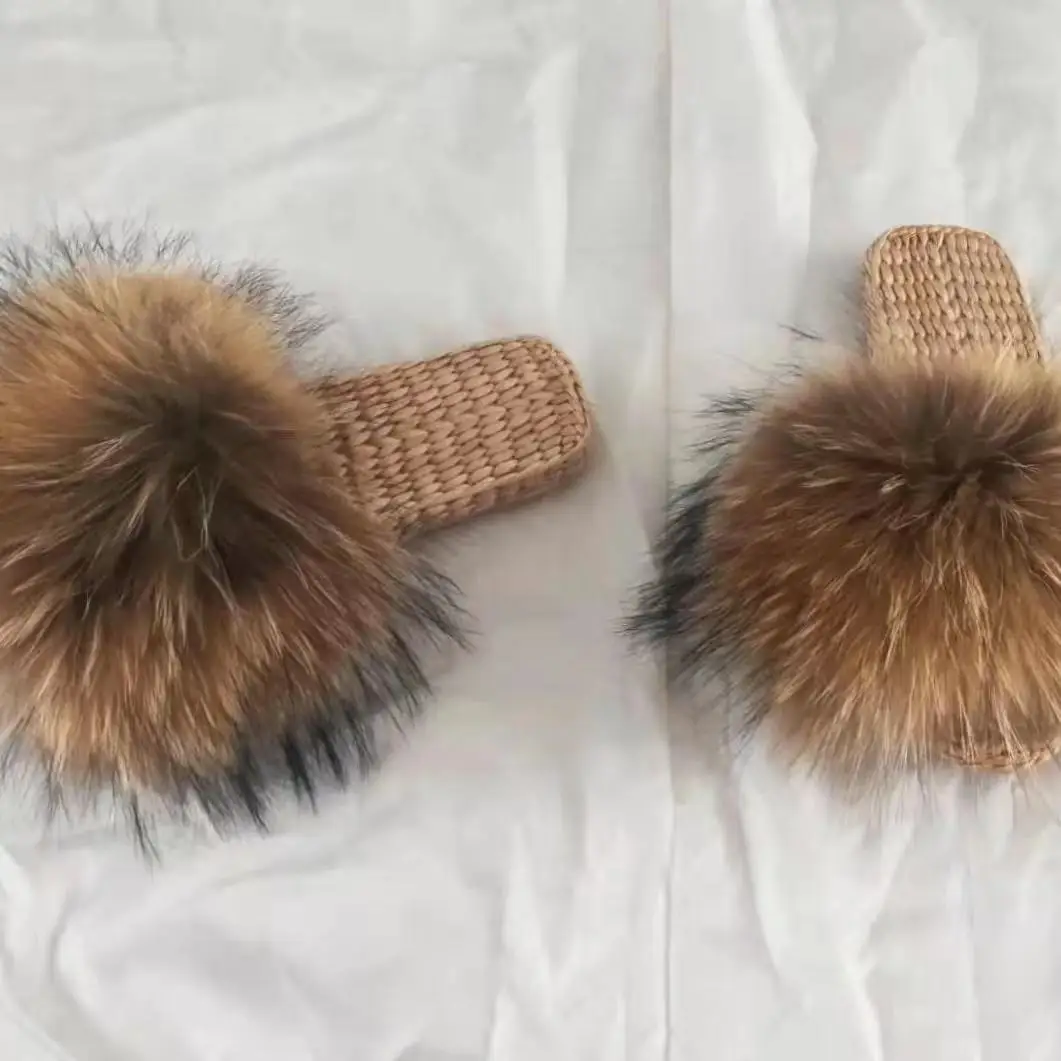 

custom logo indoor raccon furry fur slides sandal colorful 100% fluffy fox raccoon fur slippers for women, Customer's request