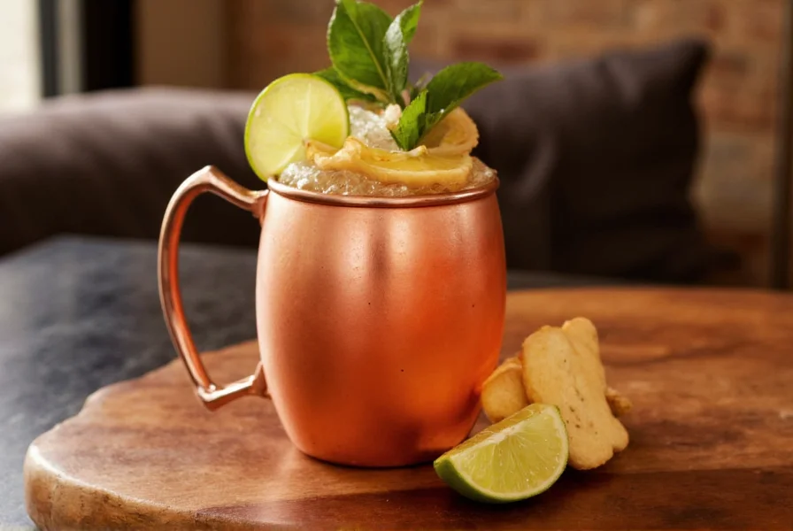 Moscow Mule cocktail in copper mug with fresh lime wedge and ginger slices