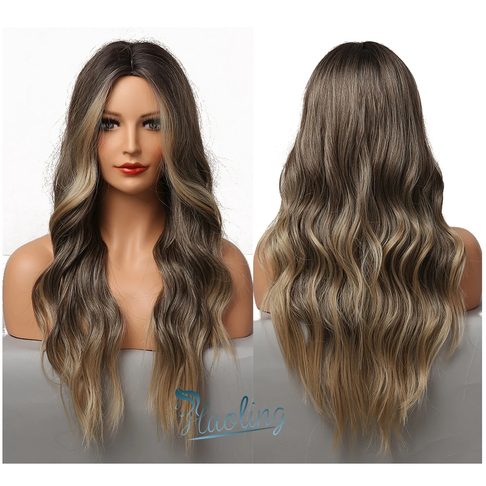 

HAOLING Long Wavy Ombre Black Dark Brown Highlight Synthetic Wigs for Women Wholesale Synthetic Wigs, Black brown golden