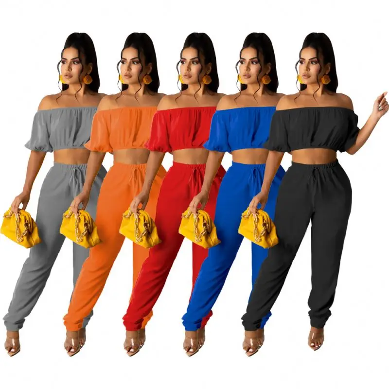

New arrival 2021 Women Clothing 2 Piece Sexy Bodycon Clubwear Off Shoulder Suits Crop Top Leggings Casual Sets