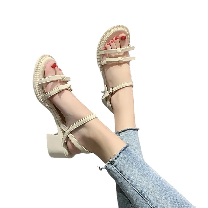 

Factory Sale Outer Beach Casual Sandals 2021 Fair Style Cross Strap Ankle Wrap Candy Color Stylish Comfortable Heeled Sandals
