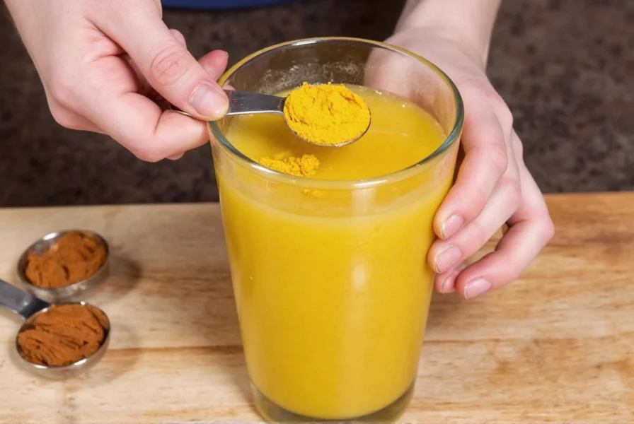 Person measuring turmeric powder into a golden milk recipe with measuring spoons and cinnamon sticks