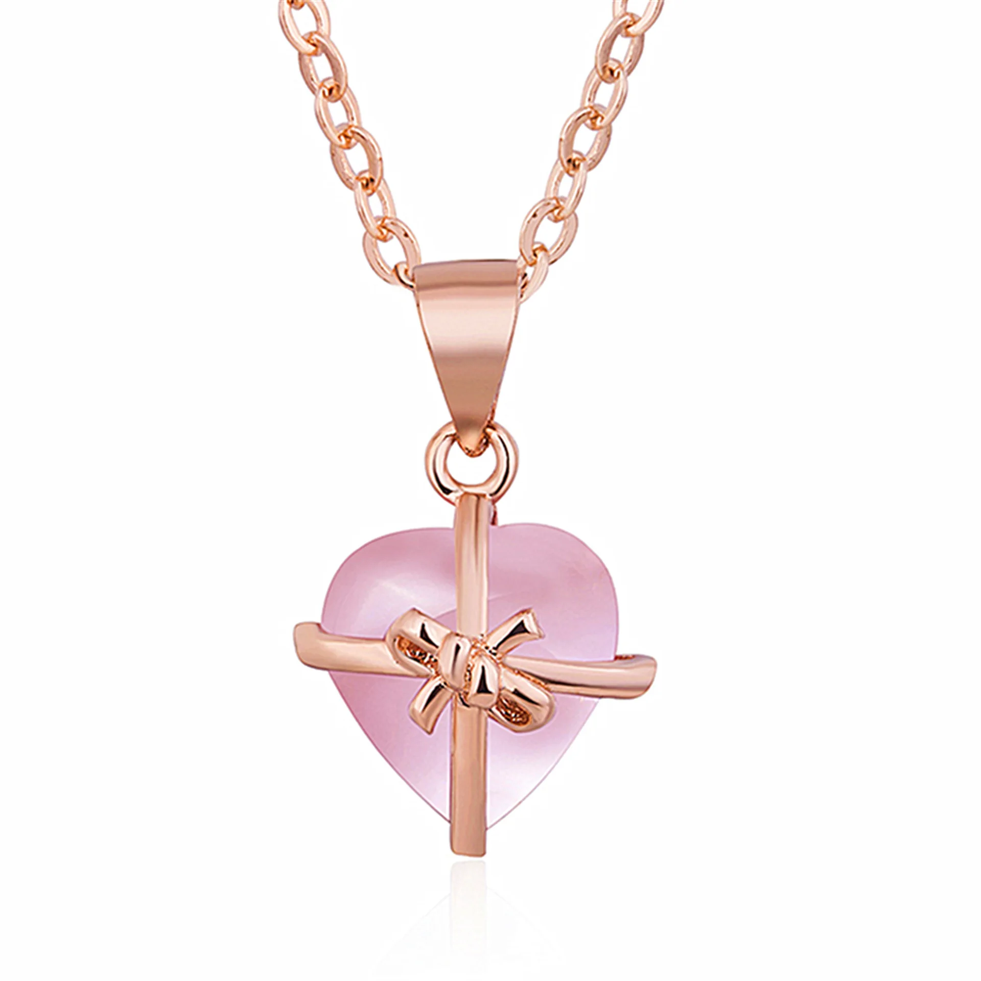 

NCM0035 Fashion Rose Gold Plated Heart Rose Quartz Necklace with Bow knot Women Accessories