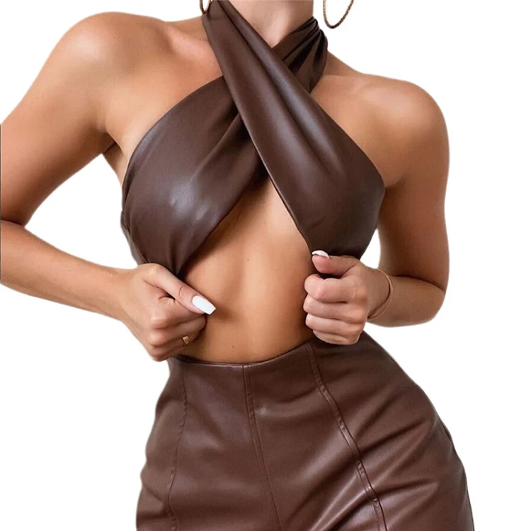 

halter neck crop top 2 piece set fall womens clothing casual faux leather shorts outfits two piece set for lady