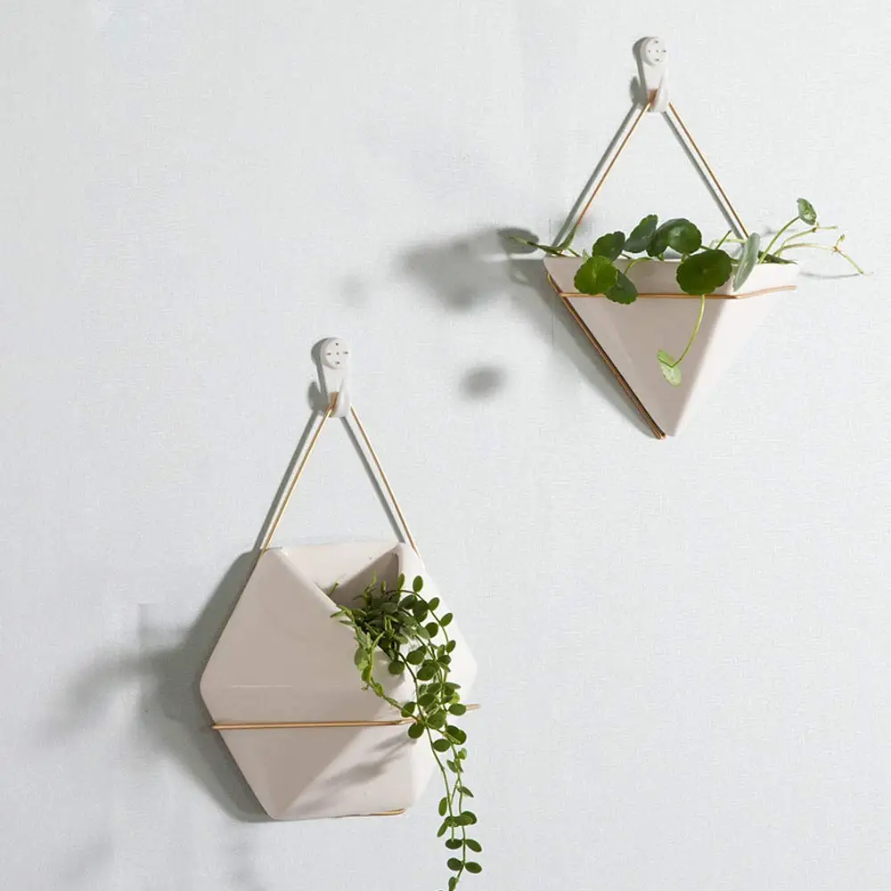 Home Decor Geometric White Ceramic Flower Succulent Wall Hanging