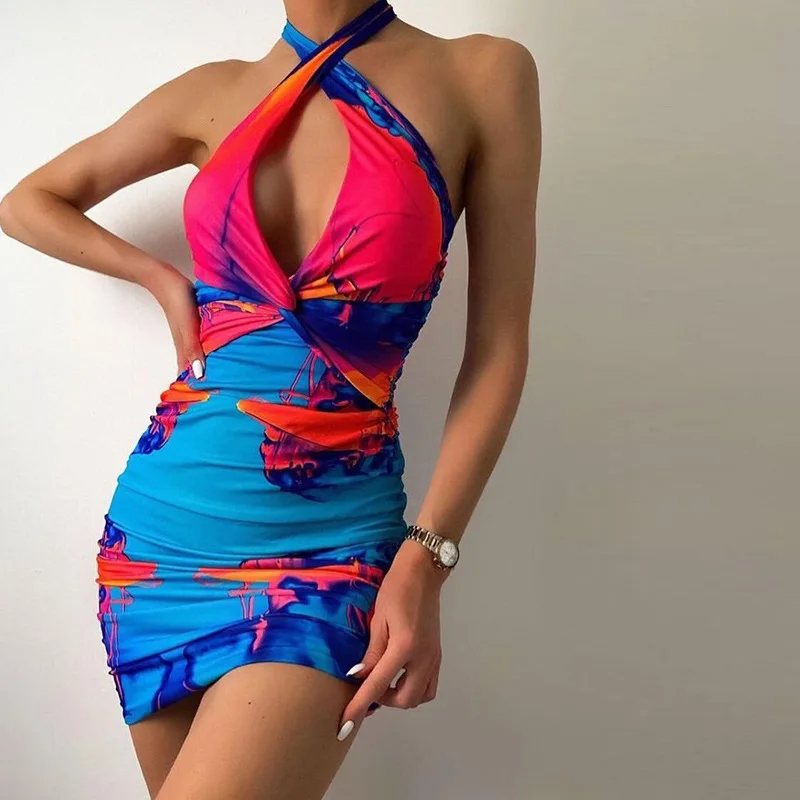 

Street Wear Hollow Sleeveless Slim Summer Printed Backless Halter Dress For Women