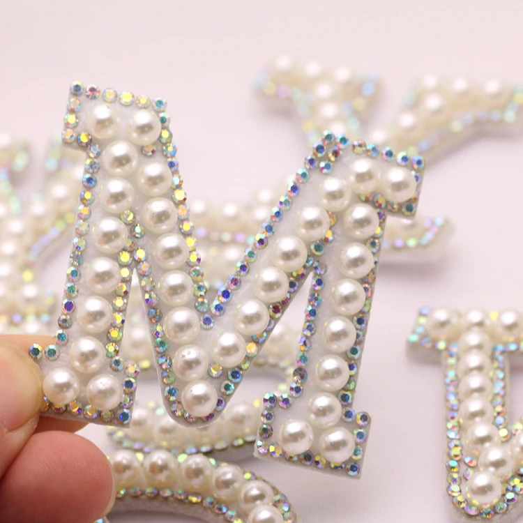 

A-Z 26 English letters sew on pearl rhinestone patch Rhinestone applique Handmade Letters Beaded Diy Patch Cute Letter Patches