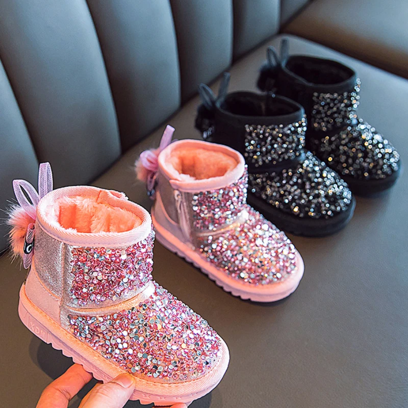 

Girls' Snow Boots 2022 Winter Antiskid New Children's Sequined Princess Cotton Shoes Middle School Girls' Plush Warm BootsBaby