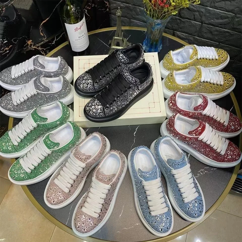 

New Arrivals High Quality Lace-up Stretchy Small white shoes full rhinestones men and women platform platform sneakers, Customized color