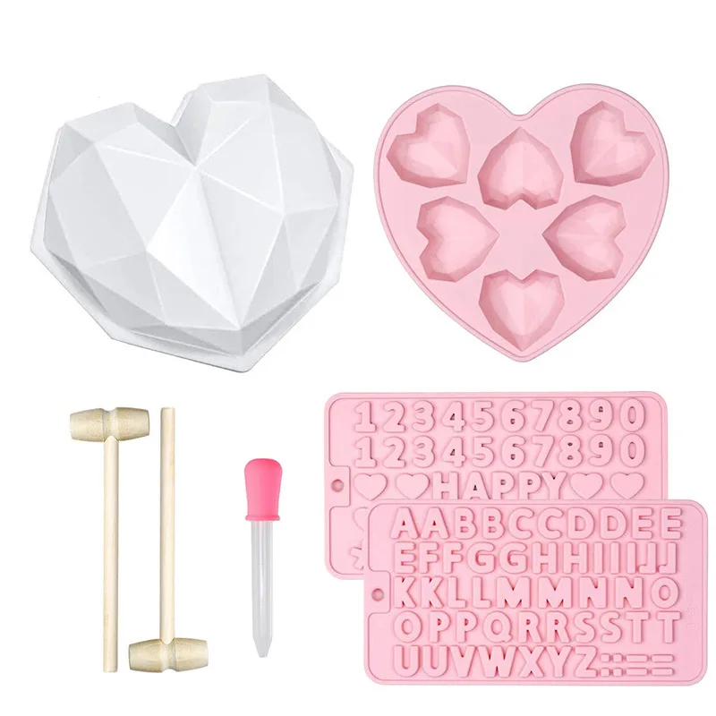 

0955 DIY Heart Shaped Mousse Cake Baking Tools Number Letter Chocolate Diamond Love Cake Set Silicone Mold, Picture colors