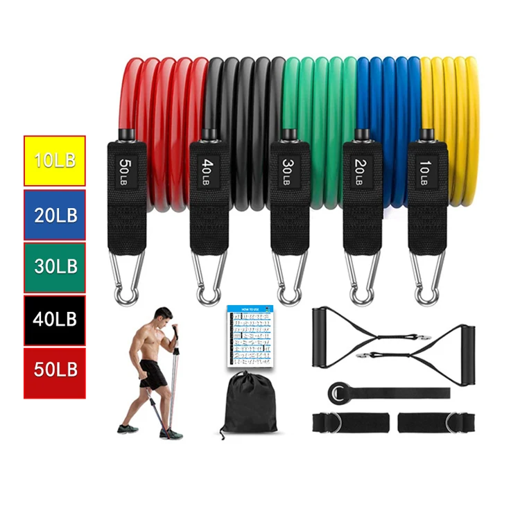 

Home gym fitness equipment 11pcs 150lb latex resistance tube bands set, Multi-color