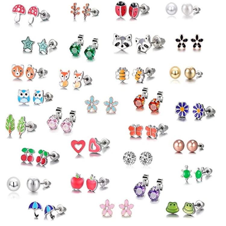 

SC Korean Kids Earrings Stainless Steel Frog Ladybug Animal Earrings 30 Pairs Flower Mushroom Heart Stud Earring Set for Girls