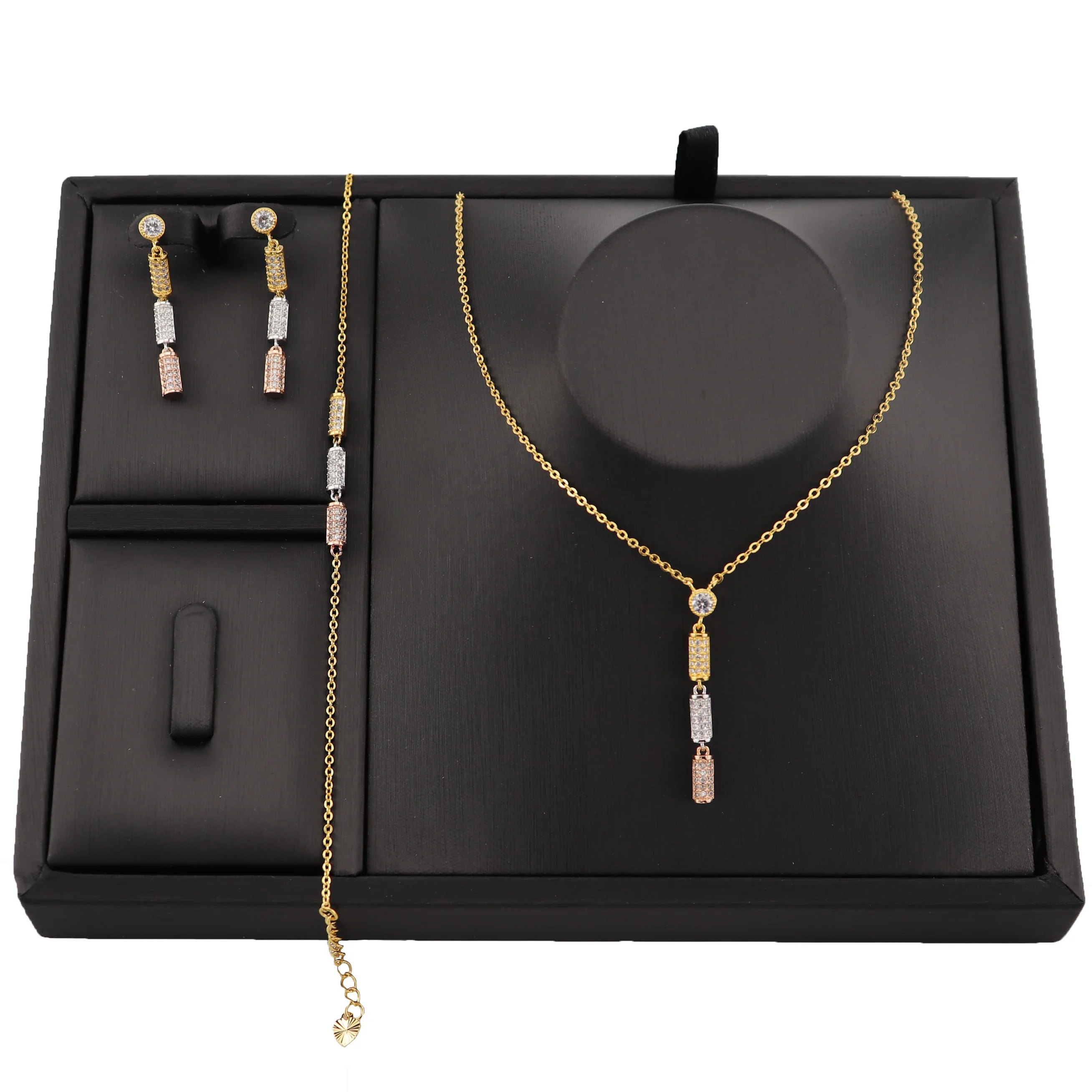 

Gold filled jewelry cylinder fashion fine jewelry zirconia 18k gold plated jewelry necklace bracelet earrings set jewellery sets