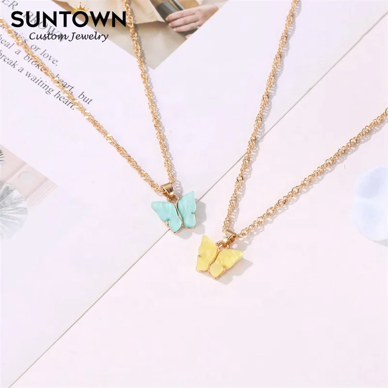 

SUNTOWN 2021 Gold Link Candy Color Acrylic Butterfly Necklaces Kolye Charm Choker Pendant Necklace Luxury Women's Jewelry, Black;blue;green;purple;pink;red