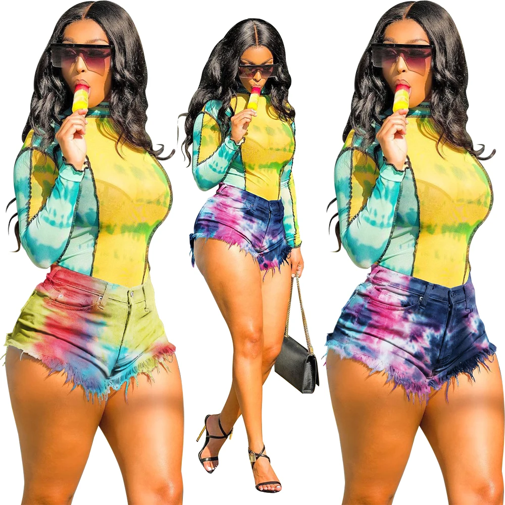 

Hot Selling Sexy Women Shorts Mid Waist Casual Summer Tie Dye Shorts Streetwear Women Shorts Jeans, Deep blue rose red tie-dye, blue yellow tie-dye,