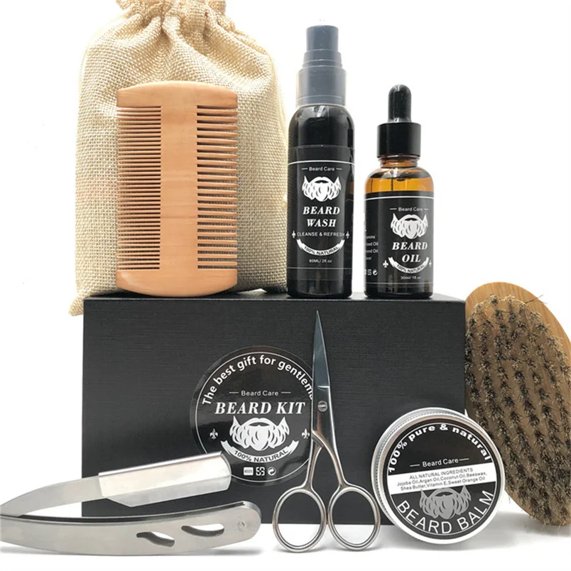 

custom organic beard wood brush accessories growth oil grooming trimming care kit best selling beard kit tin set
