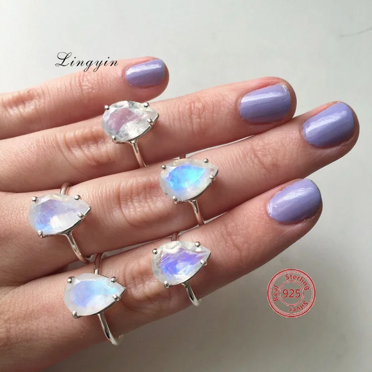 

Wholesale high quality 925 Sterling silver blue and rainbow moonstone engagement rings