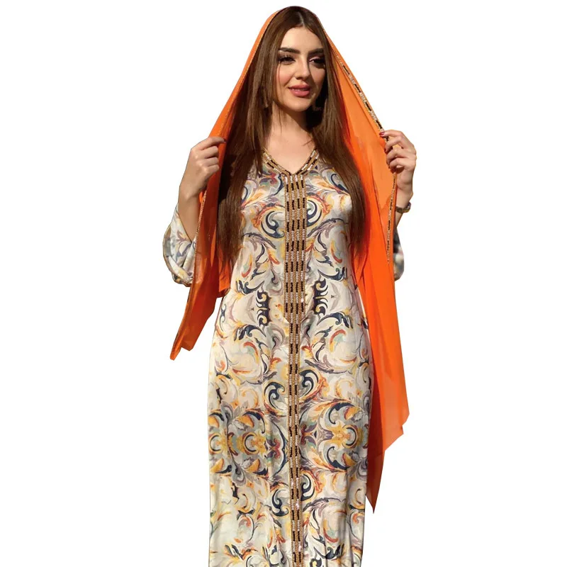 

Dubai Abayas Women 2021 Casual Muslim Clothing Print Kaftan Dress Islamic Ladies Abaya In Arab with Headband, As pictures