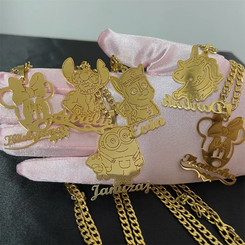 

Trendy custom kids name cartoon character necklace high quality stainless steel plated 18K gold necklace for baby, Colors