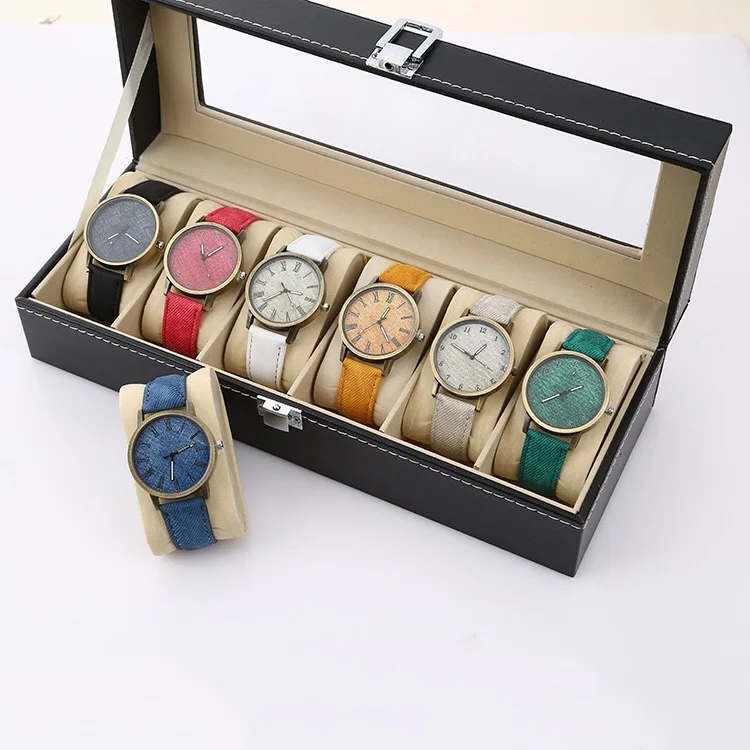 

New Roman scale ladies' and gentlemen's Fashion Leather Watch Bronze Jean Fabric Leather Watch Quartz Leather Watch, 7 colors