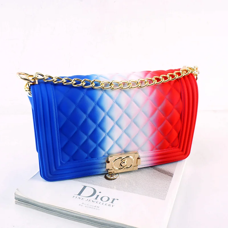 

Made In China Top Quality Women Jelly Purse Fashion Rainbow Colorful PVC Elegance Gold Chain Lattice Women Hand Bags, Rich