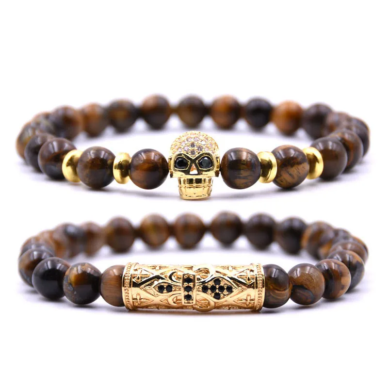 

Wholesale Natural Tiger Eye Stone 8mm Copper Zircon Skull Bracelet Charm Set Turquoise Handmade Bracelet Lava Beads for Men, Glod