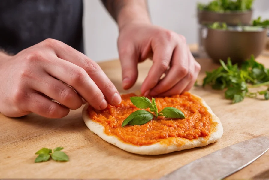Chef's hands spreading roasted red pepper paste on flatbread with fresh herbs