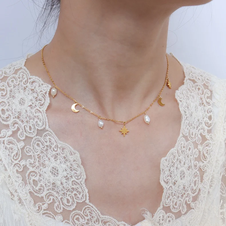 

New minimalist stainless steel jewelry star and moon charm pearl necklace
