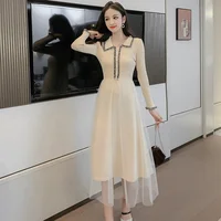 

New Arrival polo neck office lady slim fit lace long sweater dress