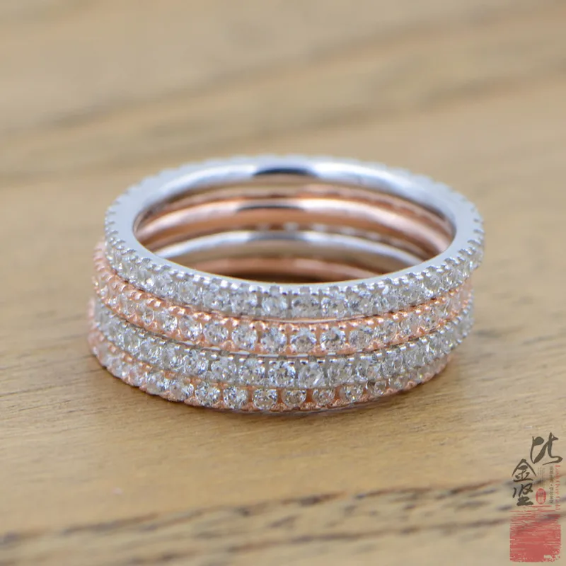 

Hot Sale Silver and Rose Gold 925 Sterling Silver Full Diamond Rings Sparkling Crystal Rhinestone Real S925 Silver Stacking Ring