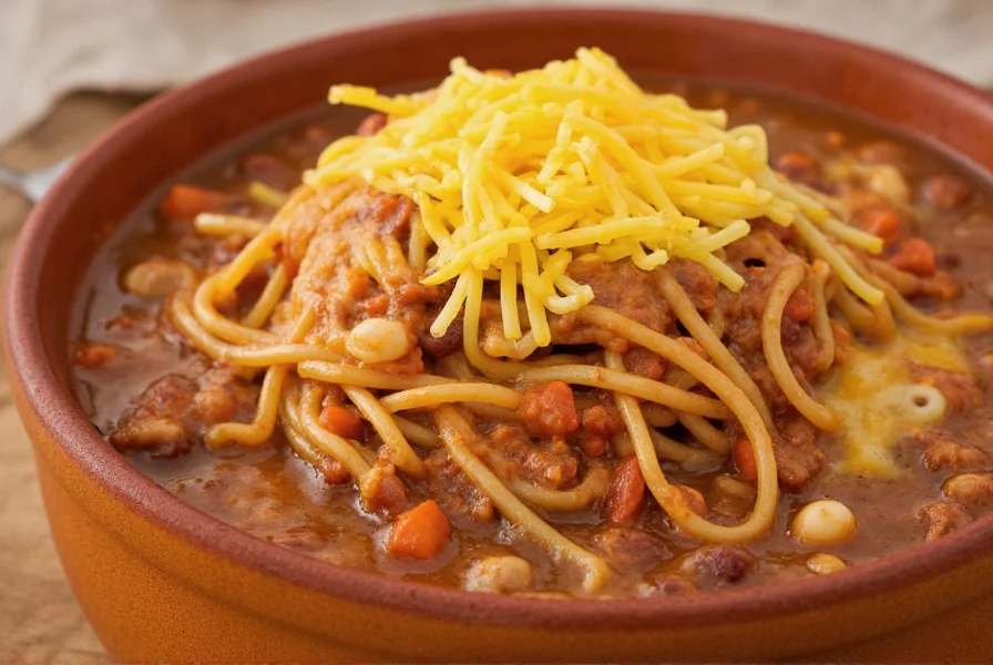 Authentic Cincinnati skyline chili served as 3-way with spaghetti and melted cheddar cheese