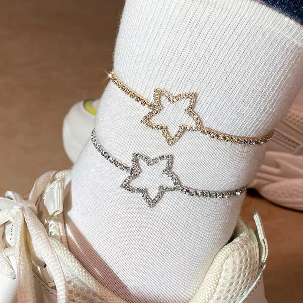 

Fashionable Design Hollow Gemstone Decoration Five Point Star Jewelry Chain Foot Anklet Women Gifts, Gold,silver color