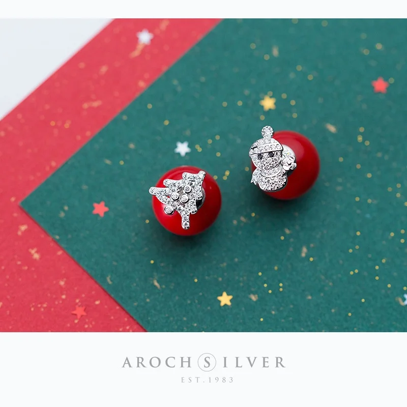 

925 Sterling Silver Jewelry Christmas tree Snowman Zircon Red Pearl Stud Earring For Women Cute Fashion Earrings Christmas Gift