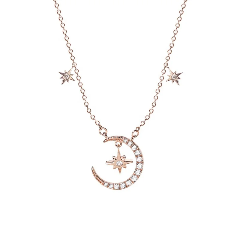 

Latest design moon and star fairy tales fashion dainty adjustable rose gold plated sterling silver charms necklace for gift