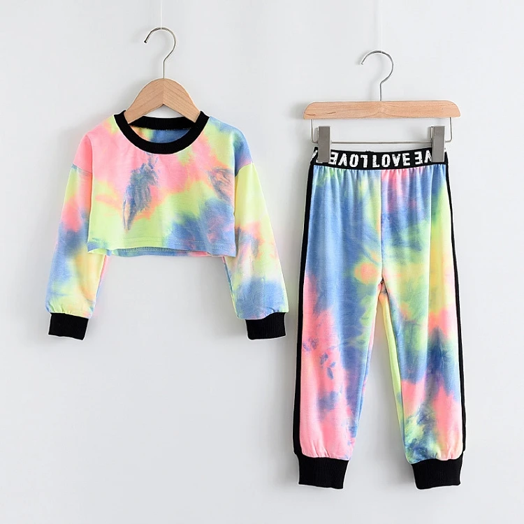 

M901 Kids Tracksuit Suit Top Shirt High-Waist Letter Pants Two Piece Set Children Girls Tie Dye Clothing Set