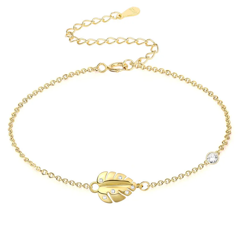 

Charm simple leaf shape bracelet, gold plated sterling silver bracelet jewelry, 14k yellow gold color