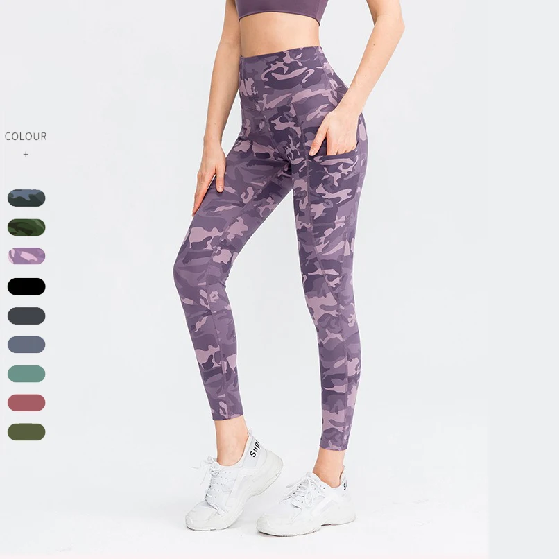 

Custom logo scrunch butt lift tight yoga pants gym printed patterned fitness camouflage leggings with pockets for women