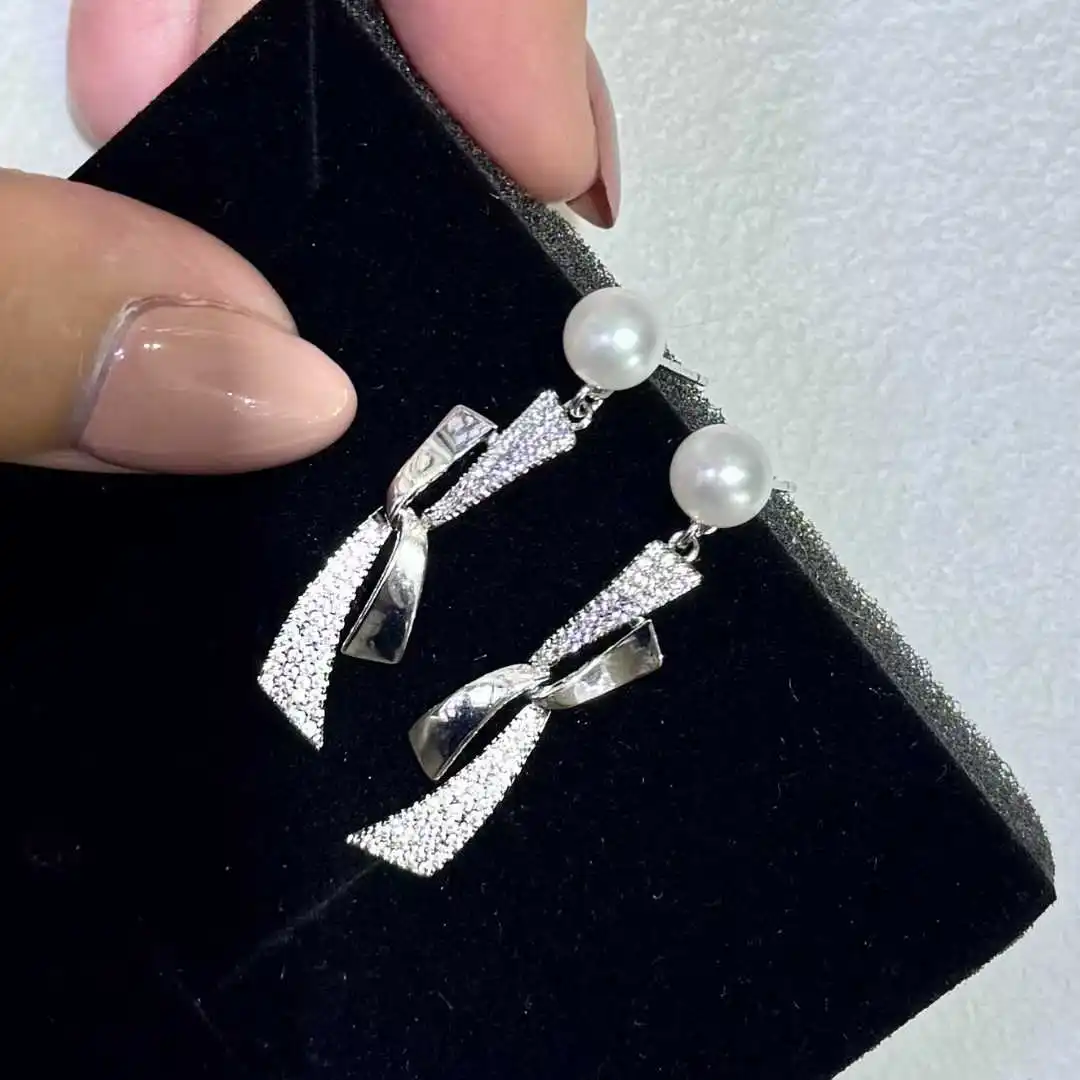 Allergy Resistant Platinum Plated AAAA Drop Earrings with Blade Bow Design 6-7mm Pearl Jewelry for Women