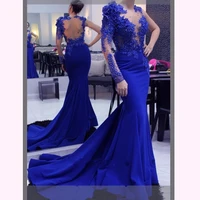 

2020 high quality rhinestones beaded sheer prom dress long sleeve royal blue plus size mermaid/trumpet wedding evening dresses