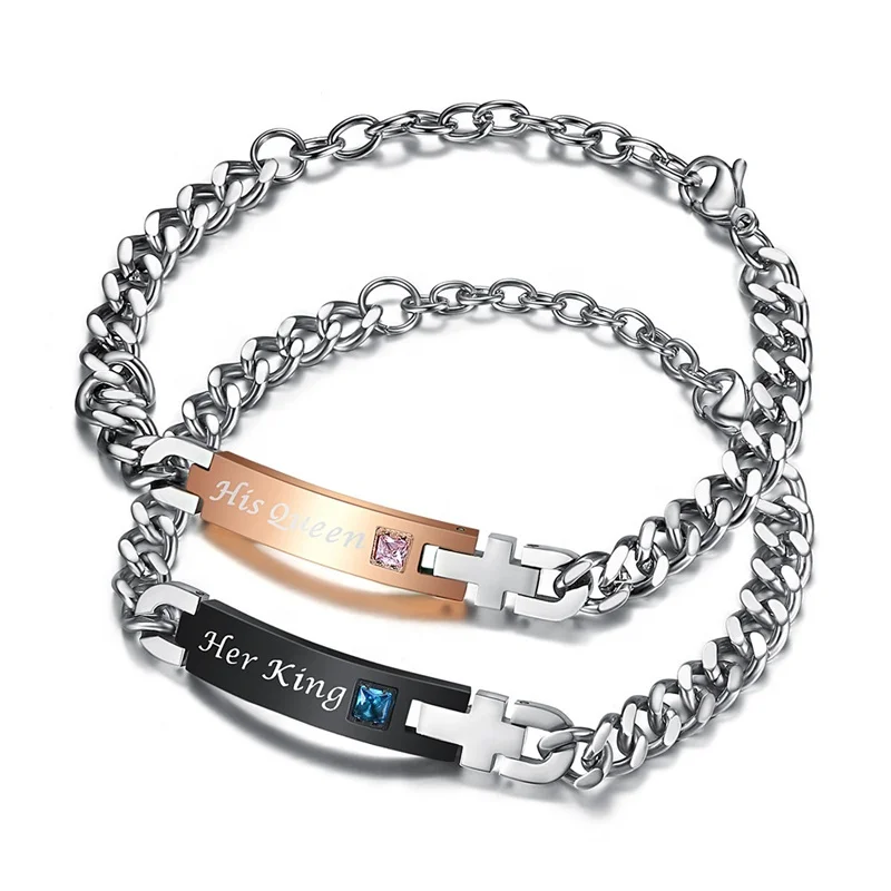 

Happy Valentine's Day his hers couples matching set stainless steel bracelet, Silver