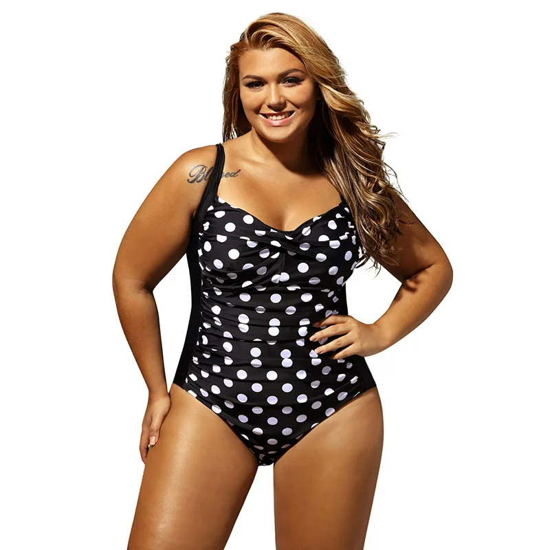 

High Quality Wholesale Fashion Black White Polka Dot Plus Size One-Piece Swimsuit, Customized