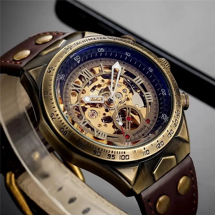 

SHENHUA 9893 Bronze Skeleton Men's Watch Retro Automatic Mechanical Watches Fashion Casual Leather Wristwatch 2021 new