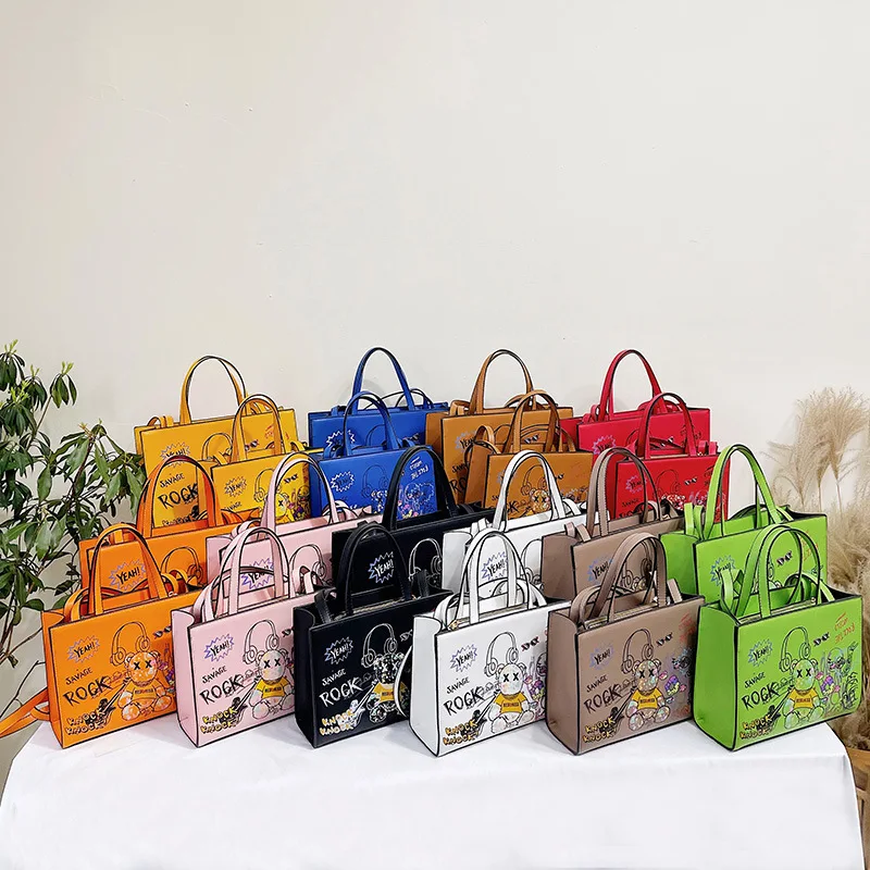 

J&H 2022 new design graffiti handbag chic faux leather tote bags for women street style square shape fashion purse, 10 colors